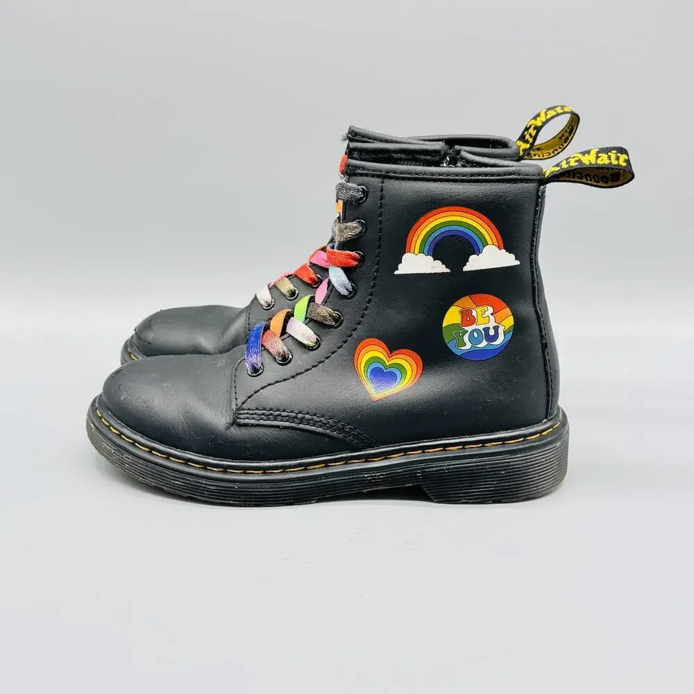 Dr. Martens Boots Youth 2 Black Rainbow Love Pride Stickers Lace Up 1460
